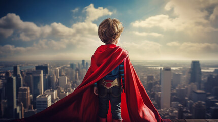 A child superhero seen from behind in a flowing red cape stands on the roof of a skyscraper and looks out at the city below