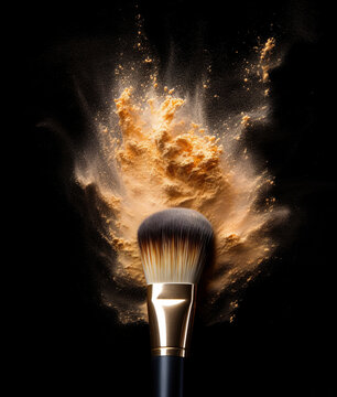 Make-up brush and face powder. Black background