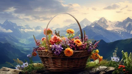 Rolgordijnen A basket  of flowers in  the mountains with a mountain © VINA