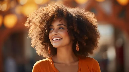 Tuinposter Happy beautiful african womna with afro hairstyle posing in cozy orange sweater © mariiaplo