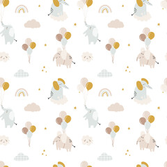 Flying Elephants, Balloons, Rainbows, Stars And Clouds Seamless Baby Pattern. Hand-Drawn Vector Illustration. Creative Kids Texture For Fabric, Wrapping, Textile, Wallpaper, Apparel Etc.