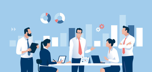 Teamwork. Team standing in front of business chart. Business plan illustration. Growth concept. Vector illustration.
