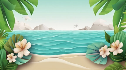 Fototapeta na wymiar Realistic summer wallpaper with beach and tropical leaves