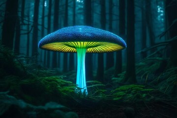A artistic representation of a bioluminescent mushroom in a dark, enchanted forest. - obrazy, fototapety, plakaty