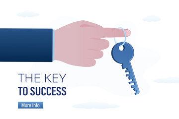 Giant hand holds key to success. Mentorship, helping to achieve success. Motivation for development. Business coach helps beginners. Education, learning process. Unlock new skills.