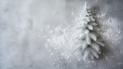 Christmas tree on flour background. White flour looks like snow. Top view