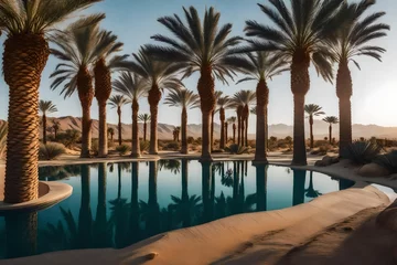 Schilderijen op glas A blank canvas into a scene of a serene desert oasis with date palm trees. © Muhammad