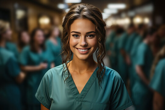 Charming Portrait Of Young Student Nurse With Curly Hair Dressed In Scrub For Doctor Internship In Hospital Against Background Of A Group Of Doctor Interns In Surgical Caps