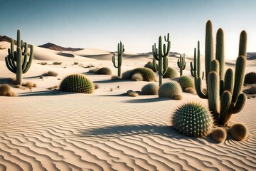 A blank canvas into a scene of a peaceful desert landscape with cacti and sand dunes.