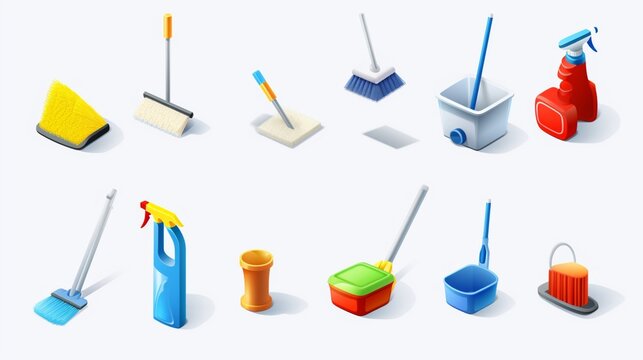 Cleaning 3d icon set. Housekeeping. Service wet and dry house cleaning. Spray cleaner, dishwashing, floor mop, window cleaning, laundry clothes. vector icons, objects on a transparent background