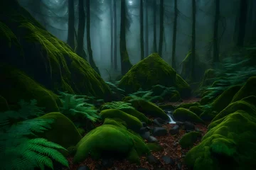 Afwasbaar fotobehang A misty forest with ancient ferns and moss-covered stones. © Muhammad