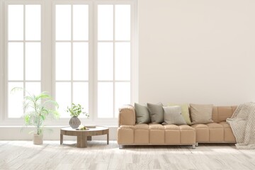 White modern interior design with sofa. Scandinavian interior design. 3D illustration