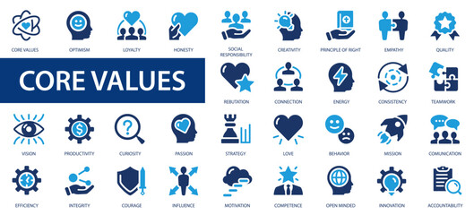 Core values icons set. Performance, passion, love, motivation, empathy, mission, goal, accountability more flat icon. - obrazy, fototapety, plakaty