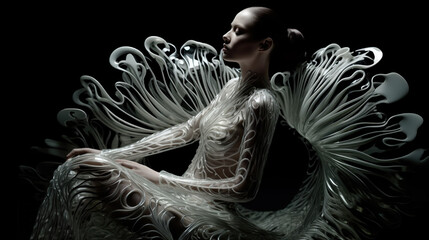 Fashion Model in Fashion Editorial or Ad for Magazine in Haute Couture with Wings.  Made by Generative AI