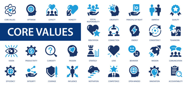 Core values icons set. Performance, passion, love, motivation, empathy, mission, goal, accountability more flat icon.
