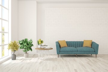 Naklejka premium White modern interior design with sofa. Scandinavian interior design. 3D illustration