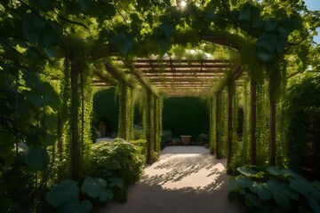 A blank canvas into an image of a vine-covered pergola in a garden.