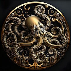 Gold Coin With The Image Of An Ocean Octopus. Generative AI	
