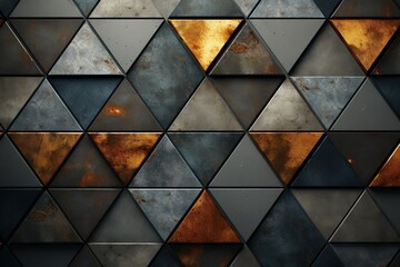 Gold, Black & Grey Triangle Shape Seamless Industrial Concrete Wall Background. 3d Illustration.