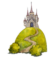 Castle on white background. Handdrawn Palace. Fantasy illustration. Fairy tale. Walercolor illustration