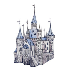 Fototapeta na wymiar Castle on white background. Handdrawn Palace. Fantasy illustration. Fairy tale. Walercolor illustration