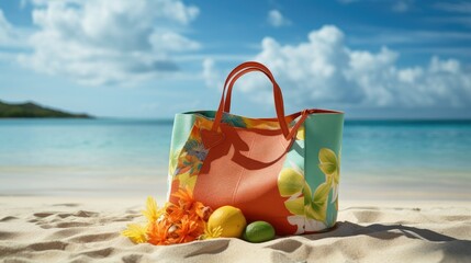 beach bag on sand of tropical beach