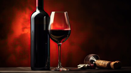 bottle and wineglass with red wine alcohol beverage