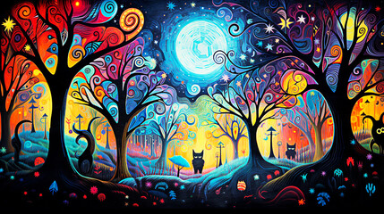 Halloween background with full moon, trees and fox, illustration. selective focus. 