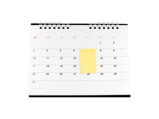 sticky note attached on cardboard desk calendar with date isolated on transparent