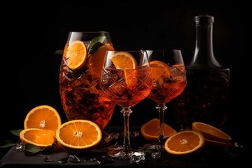 Composition with aperol spritz cocktail against black background