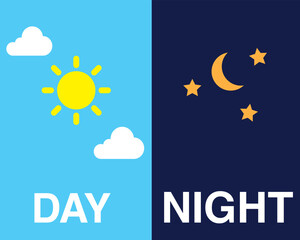 Illustration of day and night sky with sun, clouds, moon and stars. Weather app screen, mobile interface design