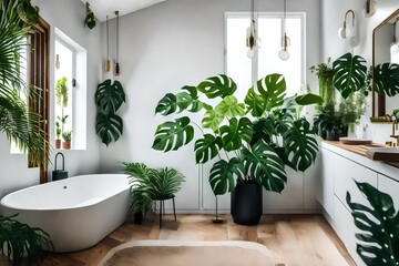 Fototapeta na wymiar A bathroom with a stylish monstera plant adding a tropical vibe.