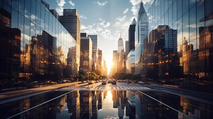 Tuinposter Reflective skyscrapers, business office buildings. low angle view of skyscrapers in city, sunny day. Business wallpaper with modern high-rises with mirrored windows. Generative AI © Ibnu