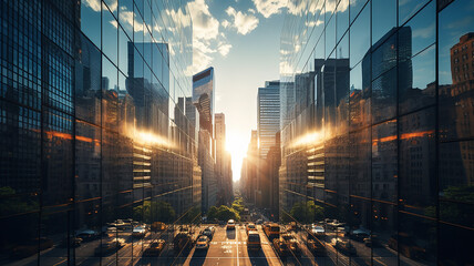 Reflective skyscrapers, business office buildings. low angle view of skyscrapers in city, sunny day. Business wallpaper with modern high-rises with mirrored windows. Generative AI