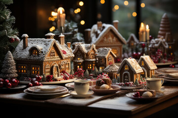 Fototapeta na wymiar Gingerbread Delights. Table adorned with gingerbread houses and festive treats, capturing the delightful culinary traditions of Christmas. Generative AI.