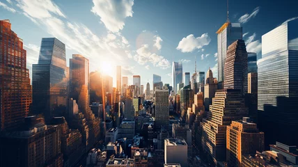 Foto op Aluminium Reflective skyscrapers, business office buildings. low angle view of skyscrapers in city, sunny day. Business wallpaper with modern high-rises with mirrored windows. Generative AI © Ibnu