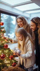 Family decorating their Christmas tree. AI Generated.