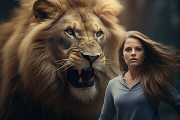 Portrait of beautiful young woman with big lion on nature background. ai generative