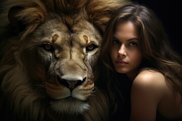 Portrait of a beautiful young woman with a big lion in the dark . ai generative