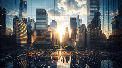 Reflective skyscrapers, business office buildings. low angle view of skyscrapers in city, sunny day. Business wallpaper with modern high-rises with mirrored windows. Generative AI - obrazy, fototapety, plakaty