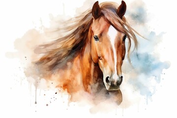 Beautiful watercolor portrait of a horse in aquarelle style