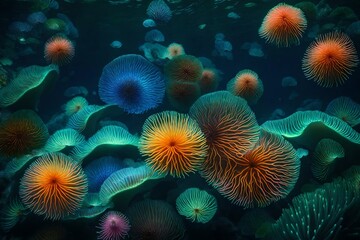 Naklejka na ściany i meble A simple background into an image of a surreal underwater world with sea anemones swaying in the currents.