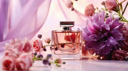 perfume bottle and flowers on bright background