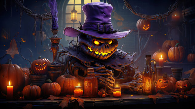 Ilustraci&oacute;n de una malvada calabaza de Halloween. IA generativa