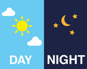 Illustration of day and night sky with sun, clouds, moon and stars. Weather app screen, mobile interface design