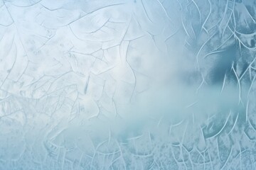 A frosty window with a beautiful blue sky in the background - obrazy, fototapety, plakaty