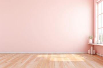 An empty room with a pink wall and wooden floors