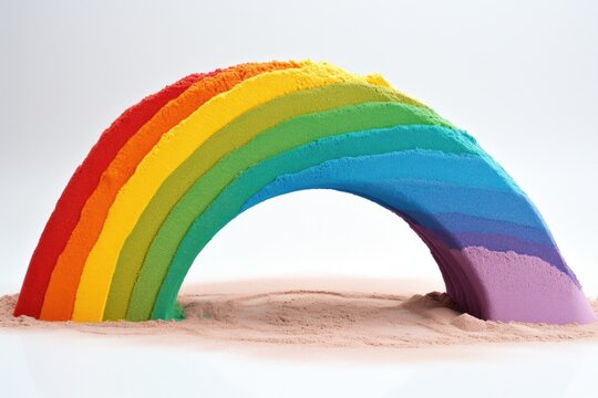 A vibrant sand rainbow on a clean white backdrop