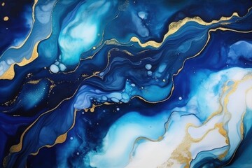 A vibrant painting with blue and gold hues