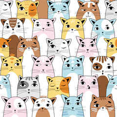 Vector seamless children's pattern with colorful, cute cats. Suitable for baby prints, baby room decor, wallpapers, wrapping paper, stationery, scrapbooking, etc.